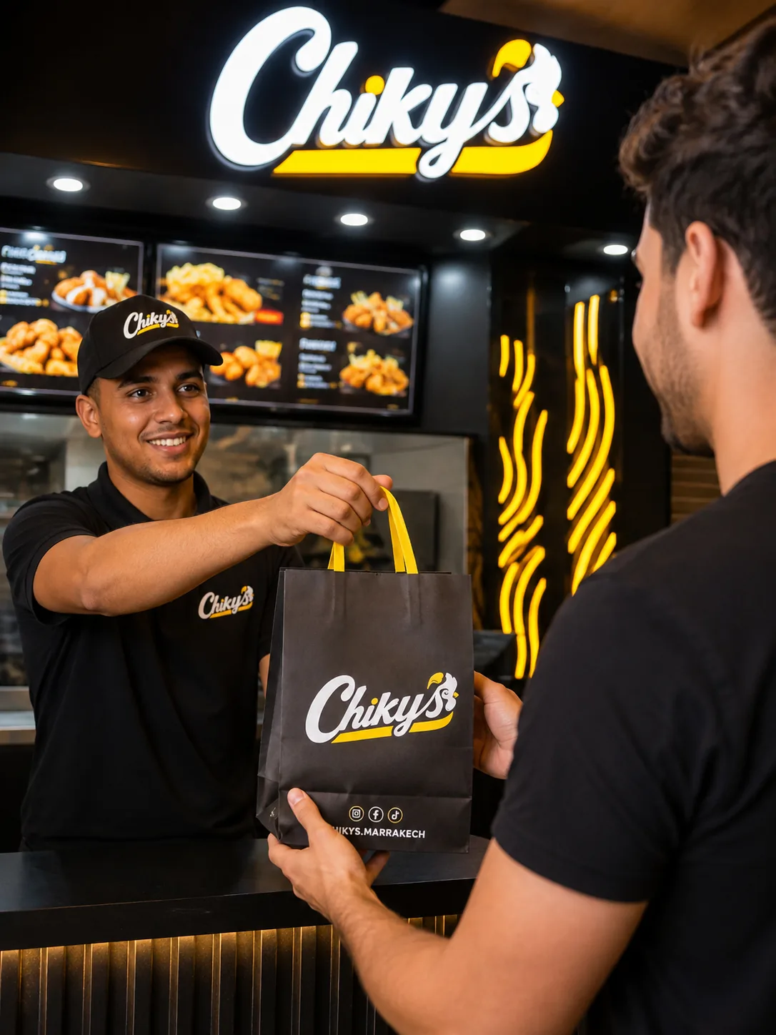 Client recevant une commande Chiky's au comptoir